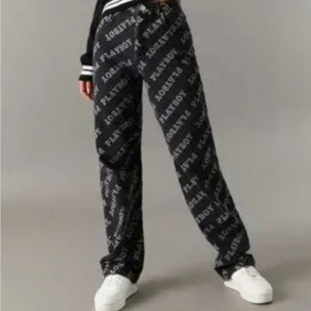 denim Womens Playboy Print High-Rise Wide Leg Jeans Black Size 5